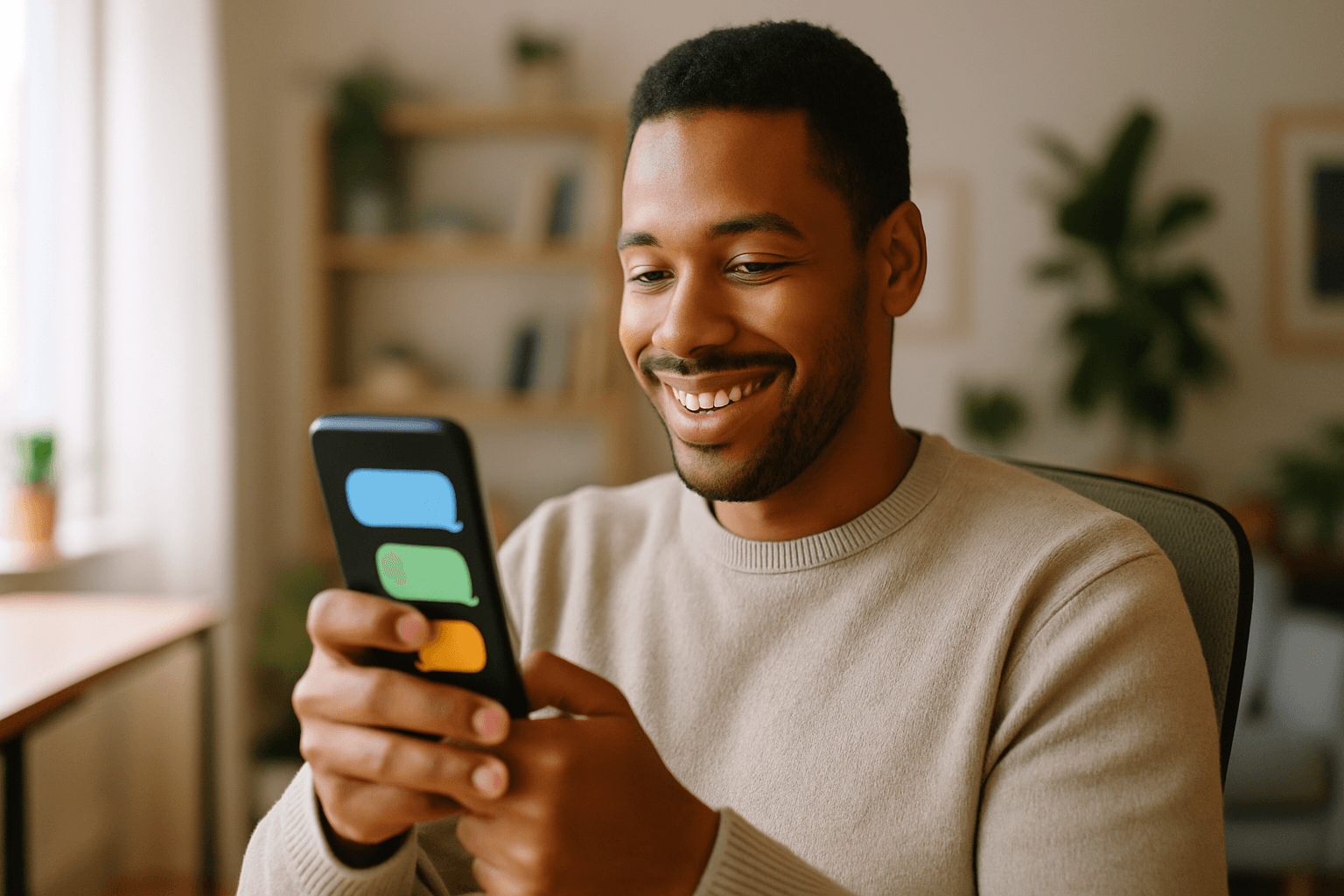 A candidate smiling at a phone showing a fast reply during a recruiting conversation