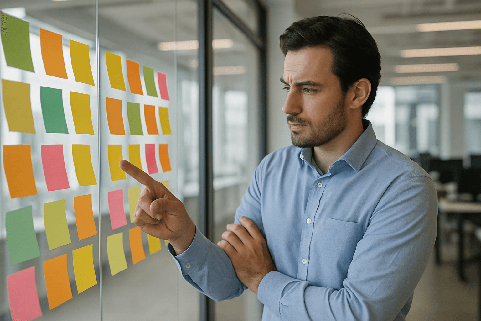 A person reviewing a wall of sticky notes arranged in comparison columns