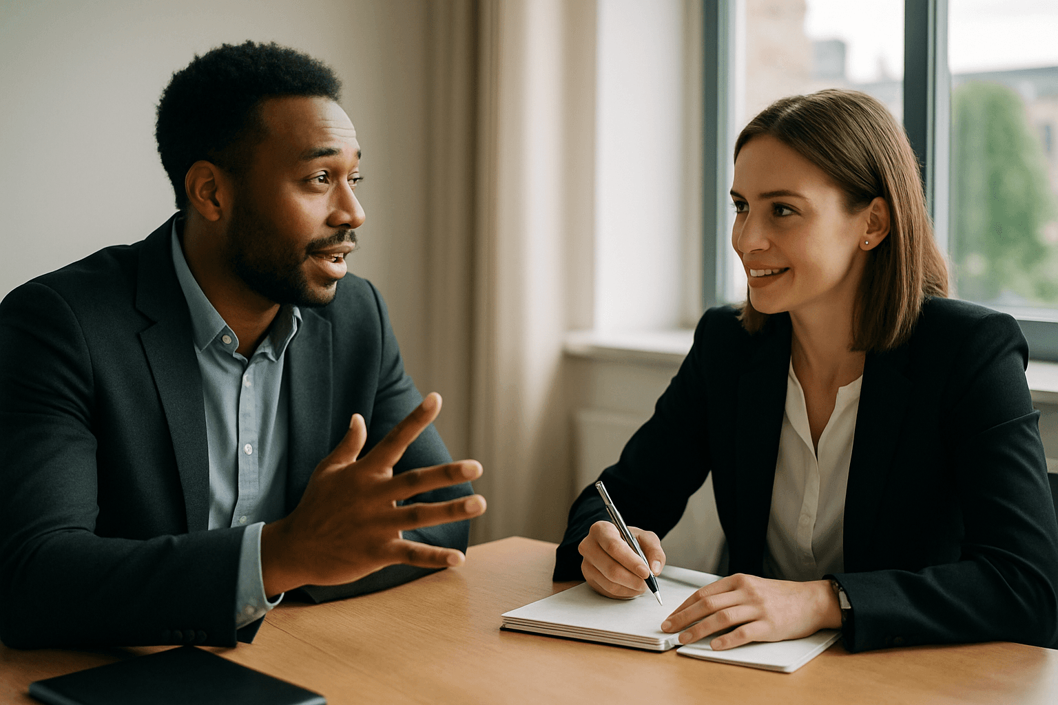Two business professionals in a genuine conversation across a table, one taking notes