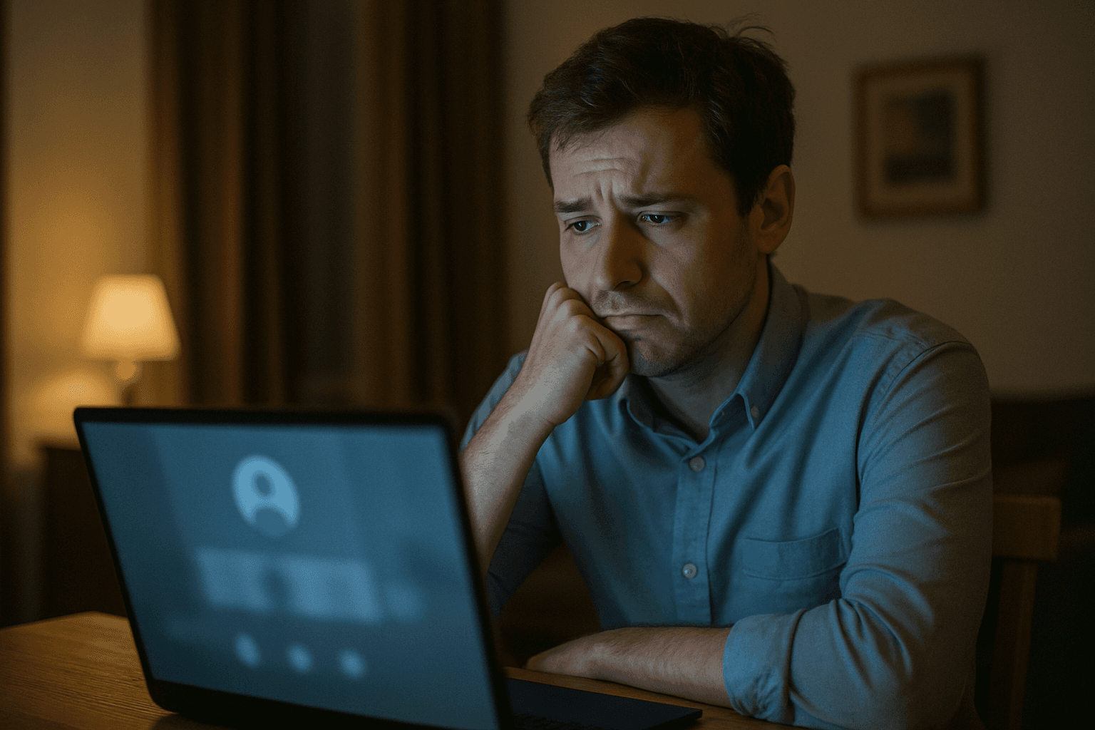 A candidate at home looking uneasy during a video interview lit by a laptop screen