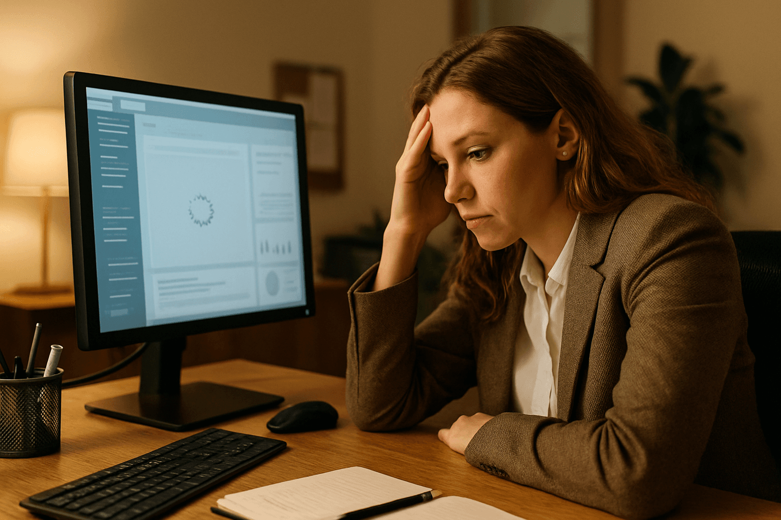 A recruiter looking mildly frustrated at a slow-loading software dashboard
