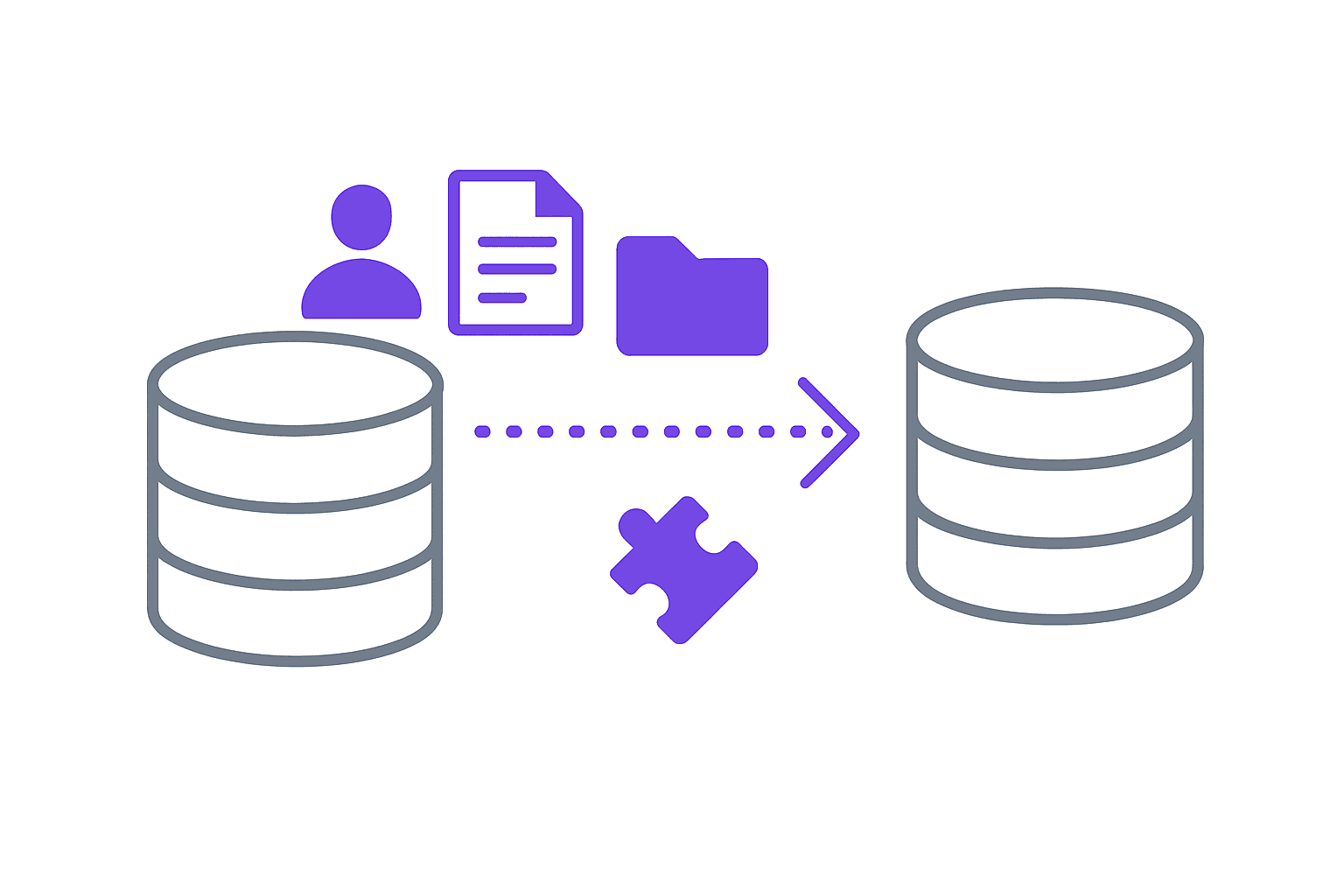 Flat-design diagram showing data moving from one system to another, with some items not transferring cleanly