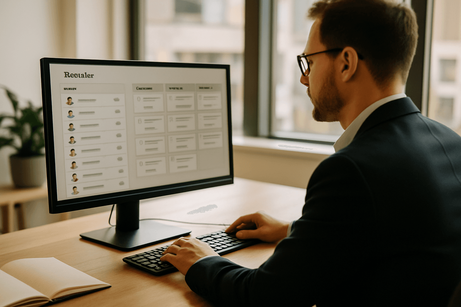 A recruiter at a desk reviewing a candidate and client contact list on a monitor