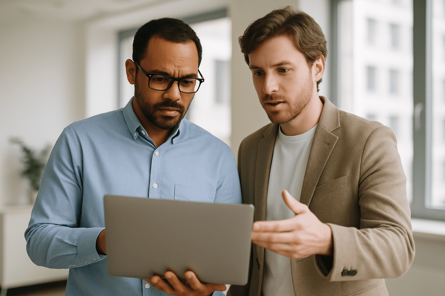 Two colleagues in an office discussing a software decision while looking at a laptop together